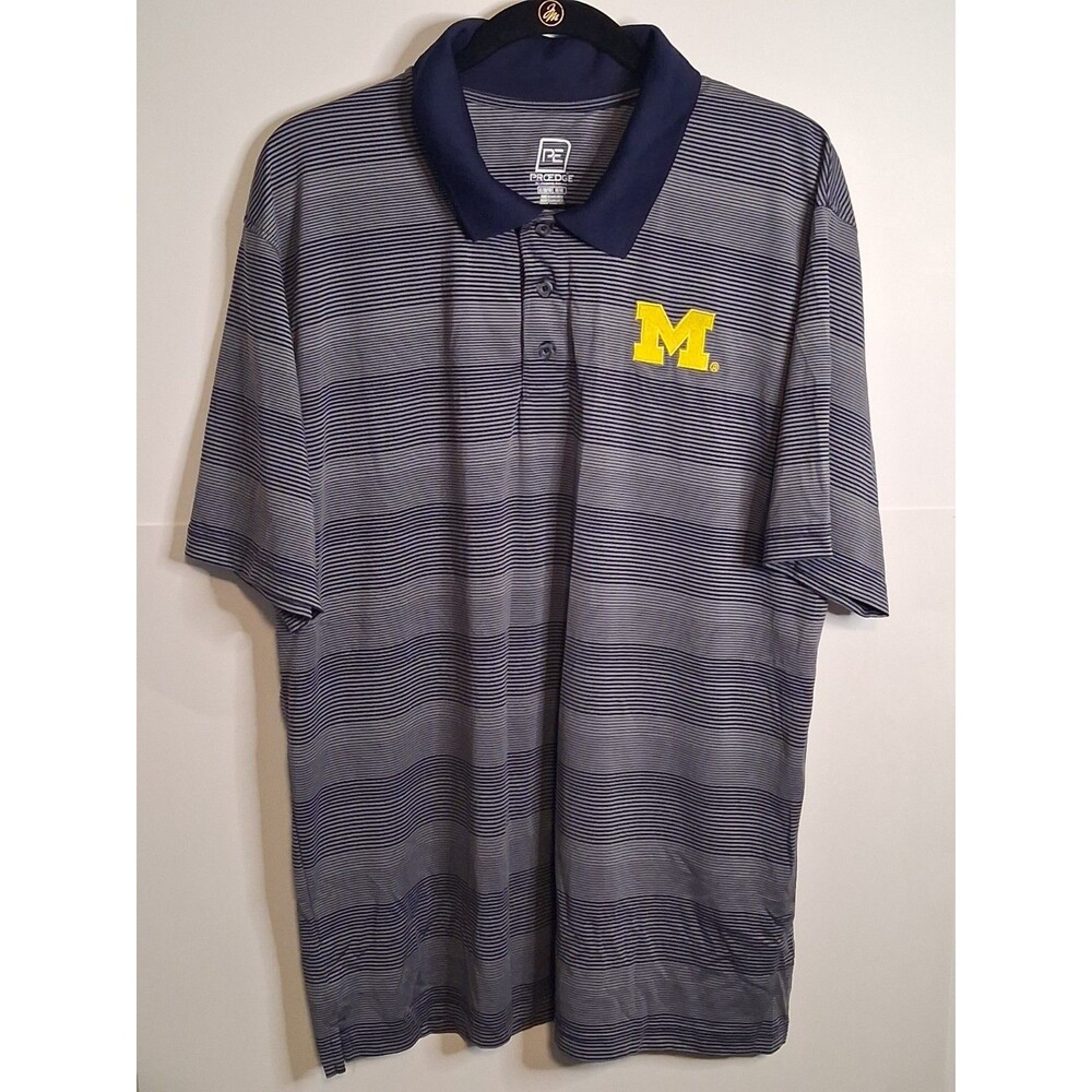 ProEdge Michigan Wolverines Polo Shirt Blue Gray Striped Short Sleeve XL